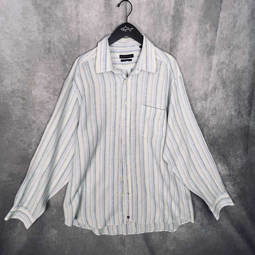 Henry Jacobson Men's XL 100% Linen Long Sleeve Blue Striped Shirt Light Cool